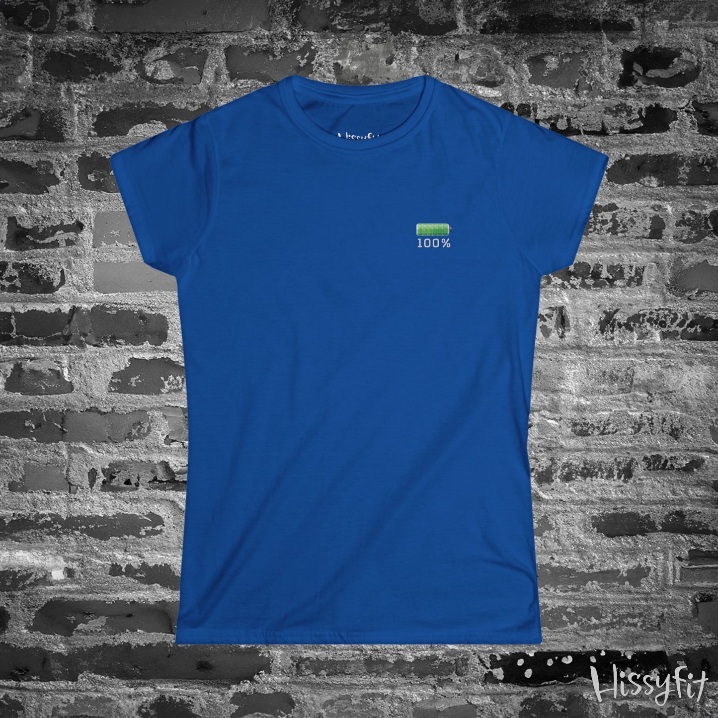 Blue t-shirt with a green fully charged battery icon on a brick wall background