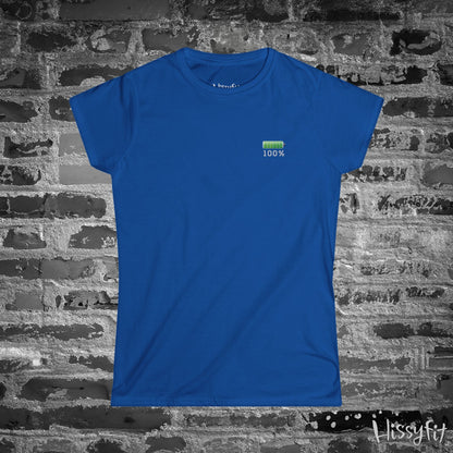 Blue t-shirt with a green fully charged battery icon on a brick wall background