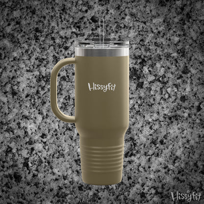Beige travel mug with handle and 'Hissyfit' branding on a gray granite background
