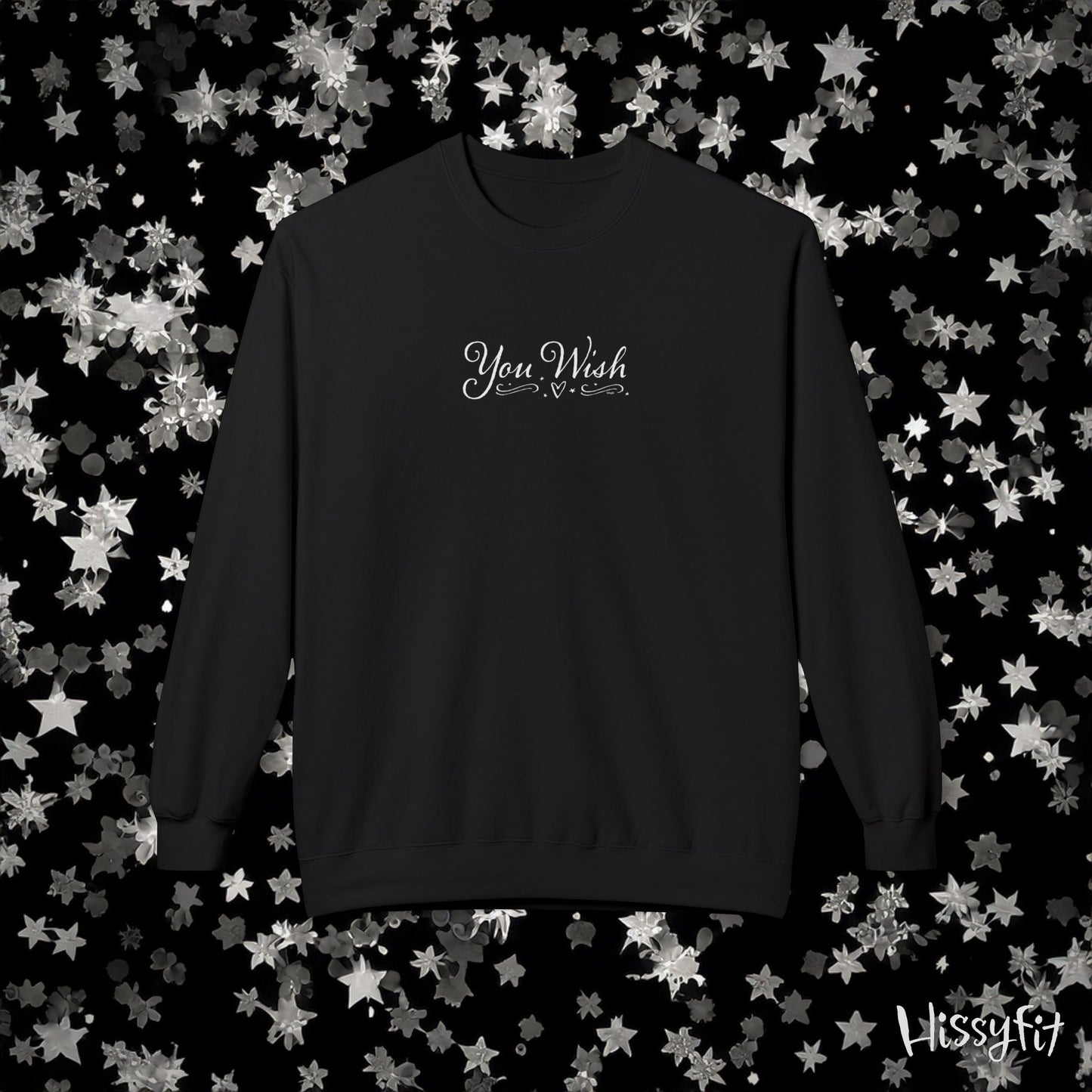 Black sweatshirt with 'You Wish' text on a star-patterned background