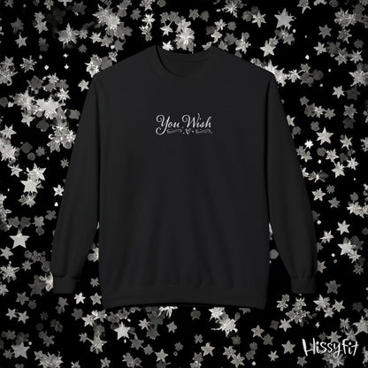 Black sweatshirt with 'You Wish' text on a star-patterned background