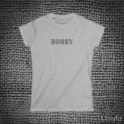 Gray t-shirt with 'BOSSY' text on a textured gray background