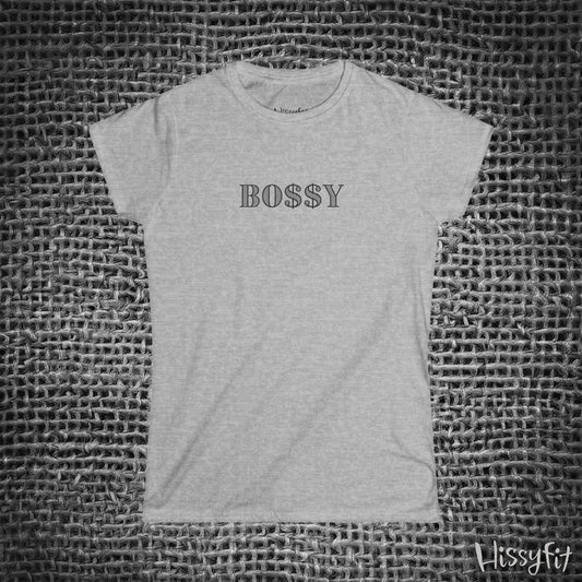 Gray t-shirt with 'BOSSY' text on a textured gray background