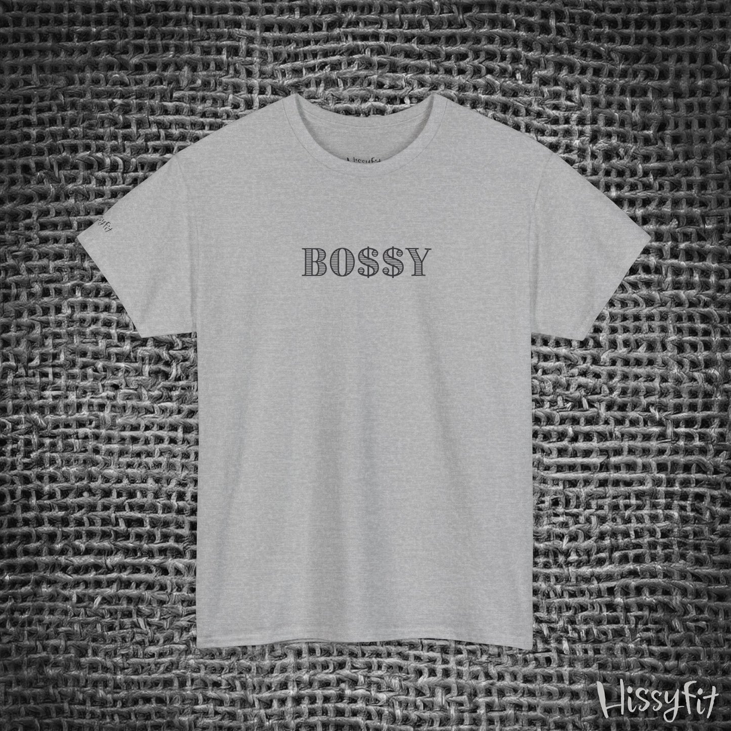 Gray t-shirt with 'BOSSY' text on a textured gray background