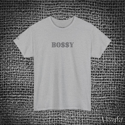 Gray t-shirt with 'BOSSY' text on a textured gray background