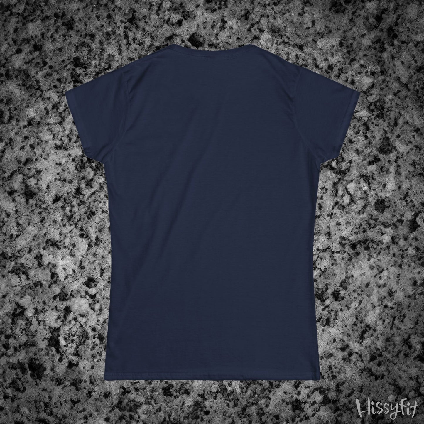 Navy blue t-shirt on a gray granite surface with 'Hissyfit' branding.