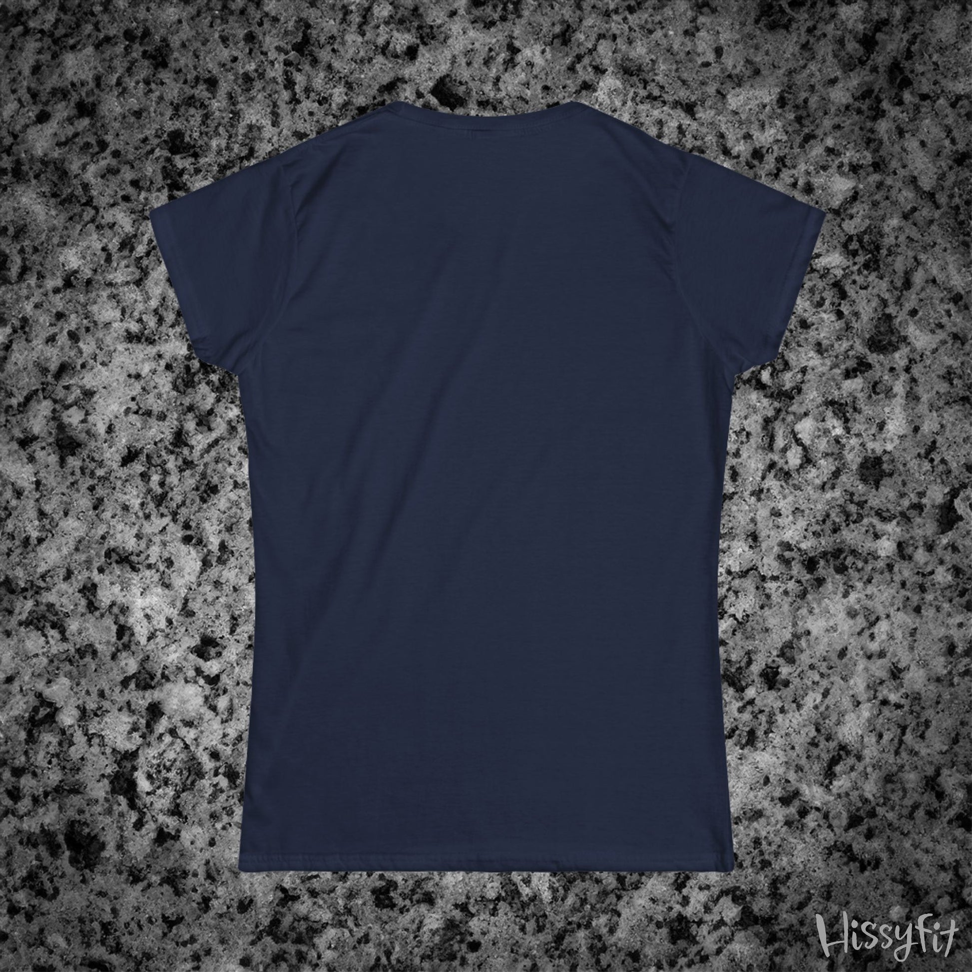 Navy blue t-shirt on a gray granite surface with 'Hissyfit' branding.