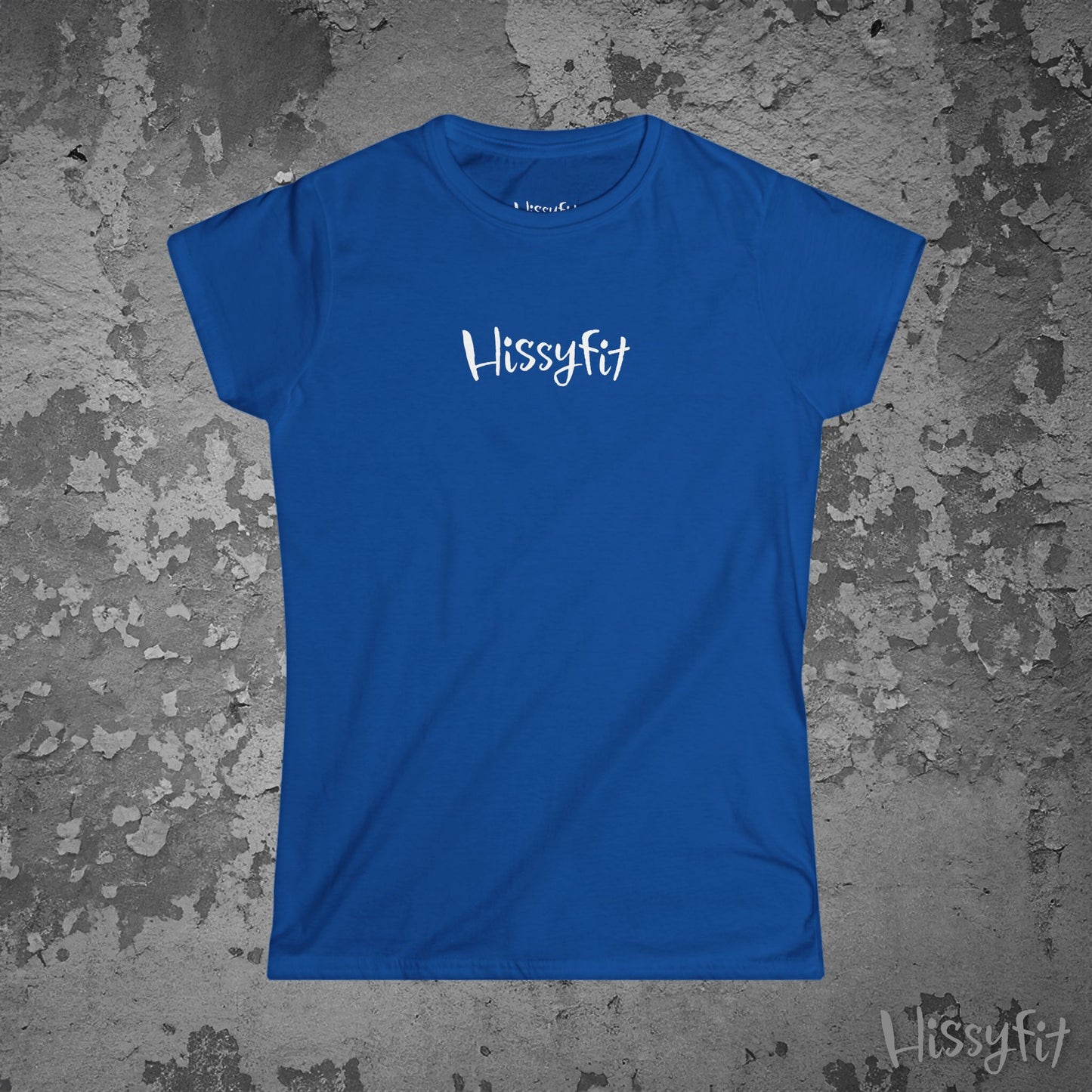 Blue t-shirt with 'Hissyfit' logo on a textured gray background