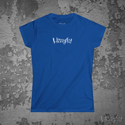 Blue t-shirt with 'Hissyfit' logo on a textured gray background