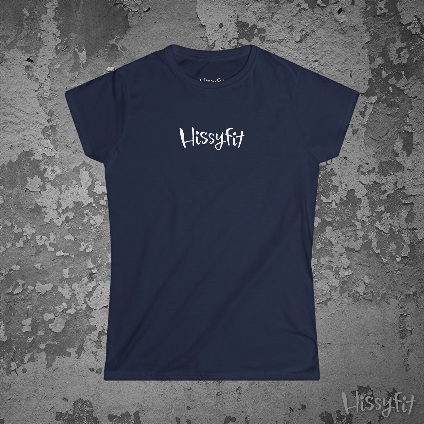 Navy blue t-shirt with 'Hissyfit' logo on a textured gray background