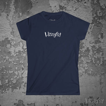 Navy blue t-shirt with 'Hissyfit' logo on a textured gray background