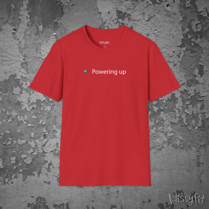Red t-shirt with 'Powering up' text on a textured gray background