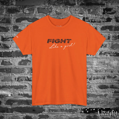 Orange t-shirt with 'Fight Like a Girl' text on a brick wall background
