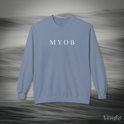 Light blue sweatshirt with 'MYOB' text on a gray background
