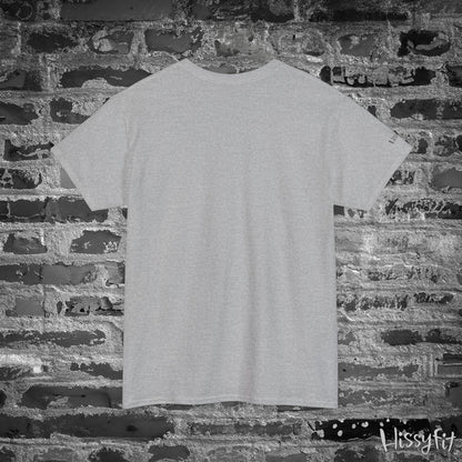 Gray t-shirt on a brick wall with 'Hissyfit' branding.