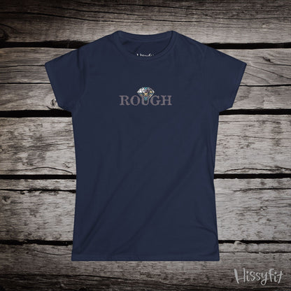 Navy blue t-shirt with a graphic diamond in 'Rough' text on a wooden surface, featuring the brand 'Hissyfit'.