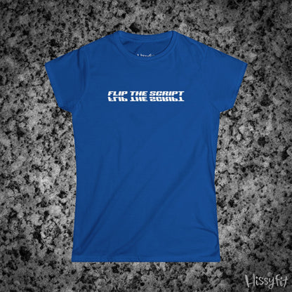 Blue t-shirt with 'FLIP THE SCRIPT' text on a gray textured background