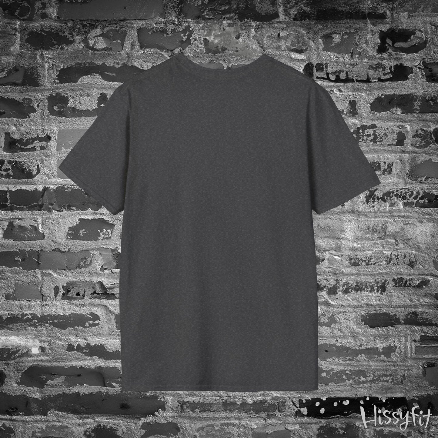 Plain gray t-shirt against a textured brick wall with 'Hissyfit' branding.