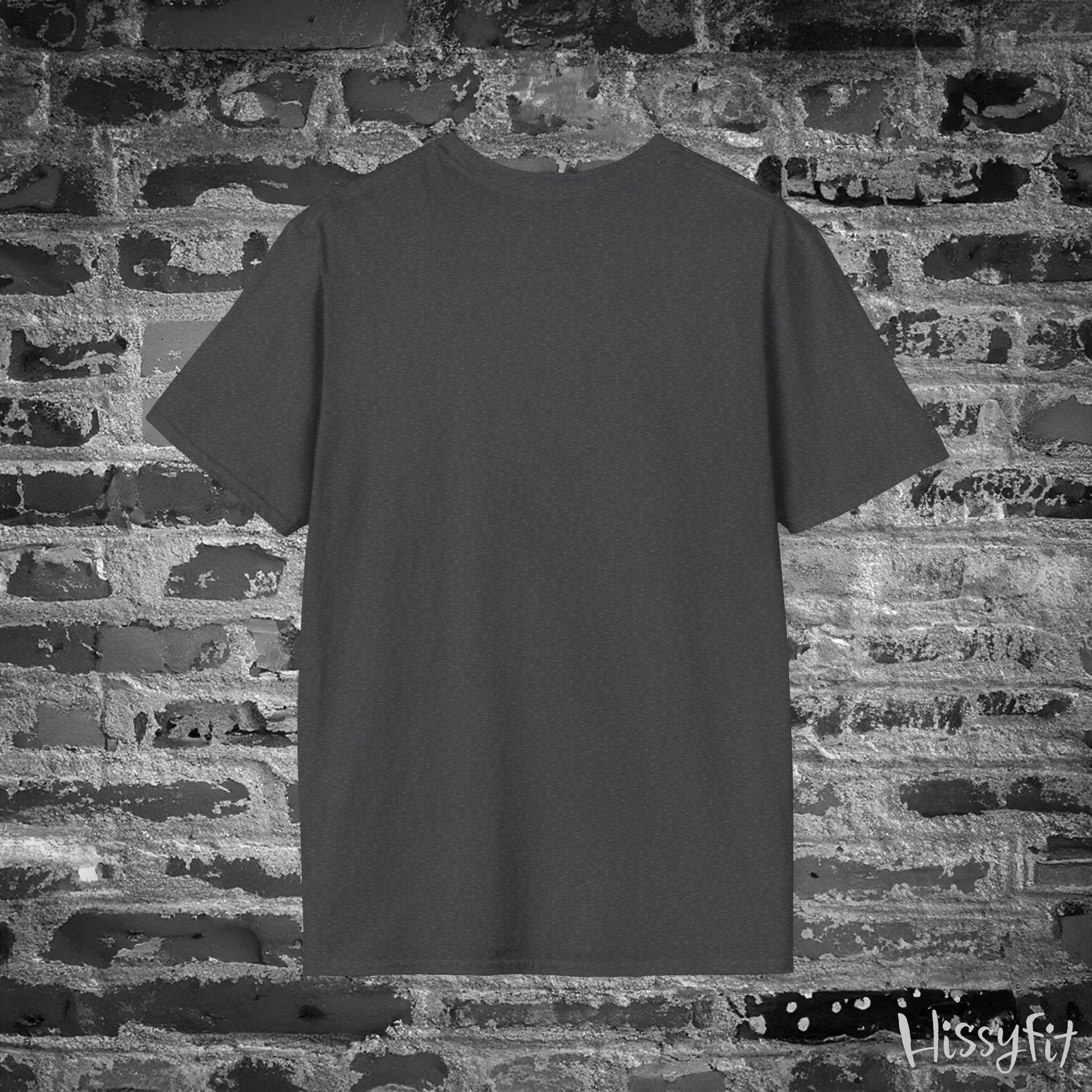 Plain gray t-shirt against a textured brick wall with 'Hissyfit' branding.