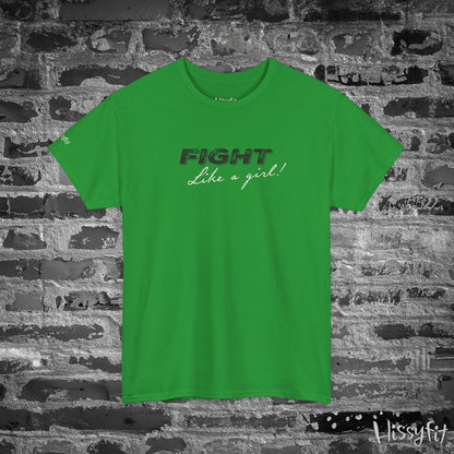 Green t-shirt with 'Fight Like a Girl' text on a brick wall background