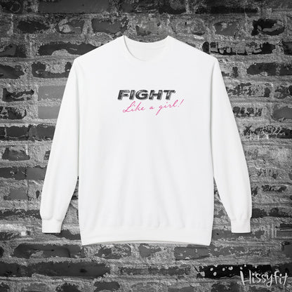 White sweatshirt with 'Fight Like a Girl' text on a brick wall background