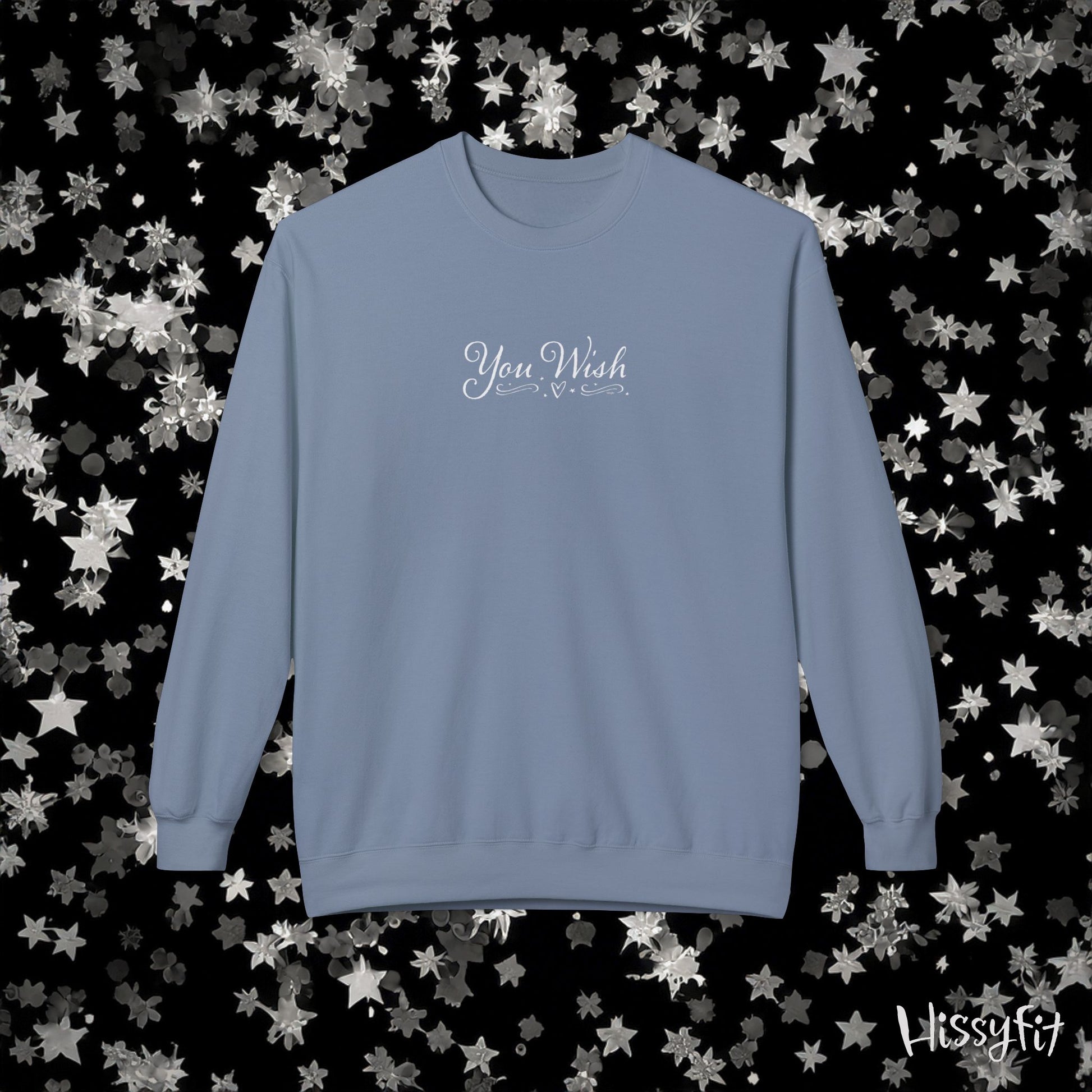 Blue sweatshirt with 'You Wish' text on a star-patterned background