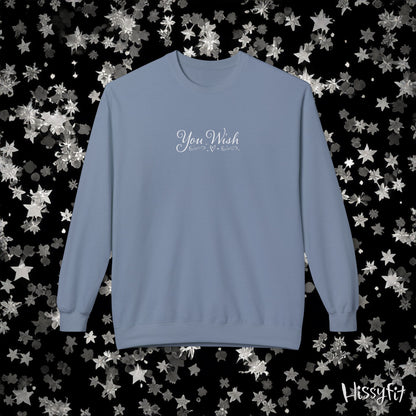 Blue sweatshirt with 'You Wish' text on a star-patterned background