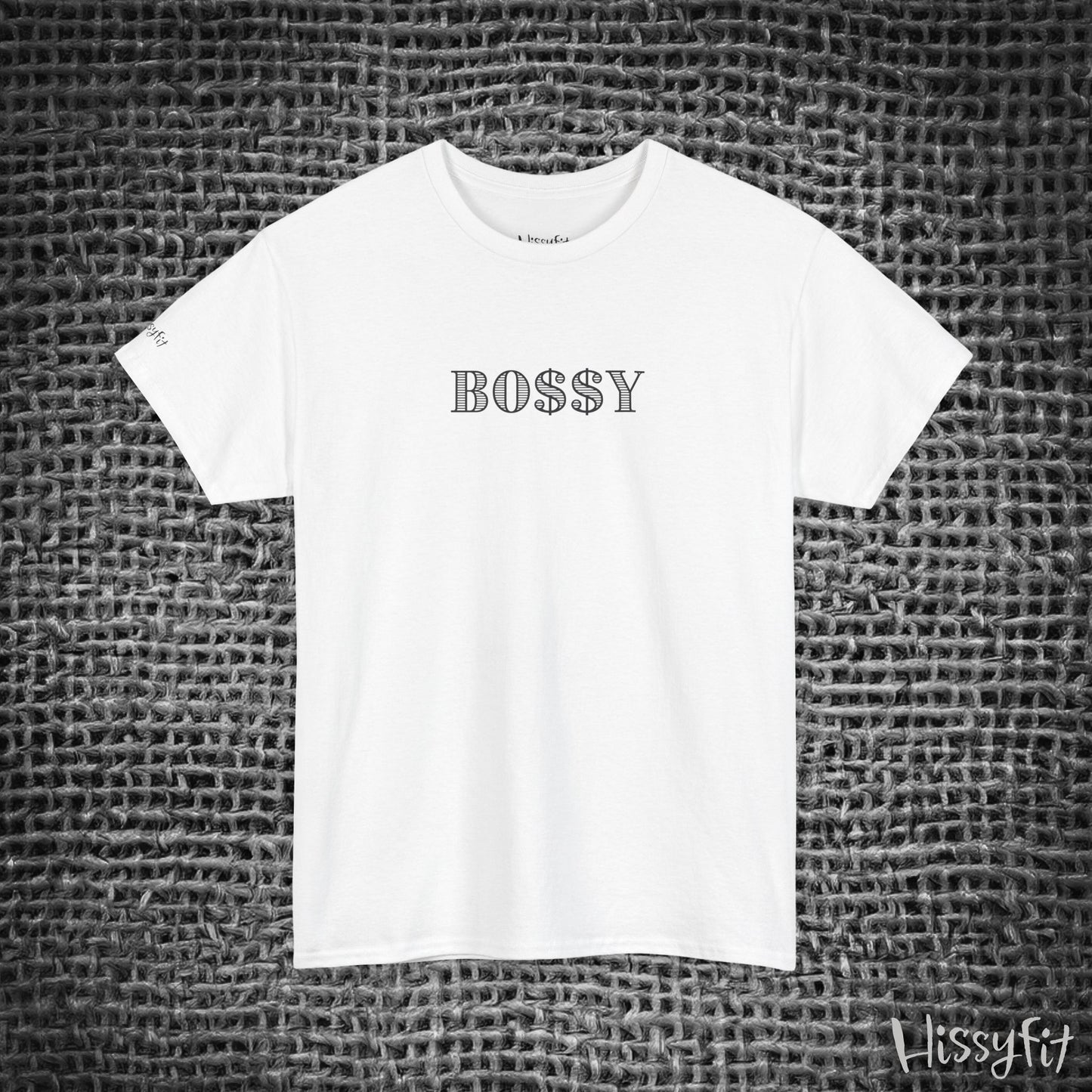 White t-shirt with 'BOSSY' text on a textured gray background