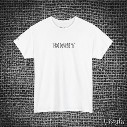 White t-shirt with 'BOSSY' text on a textured gray background
