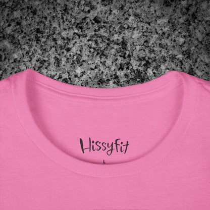 Pink t-shirt with 'Hissyfit' text on a gray granite surface