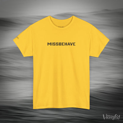 Yellow t-shirt with 'MISSBEHAVE' text on a gray background