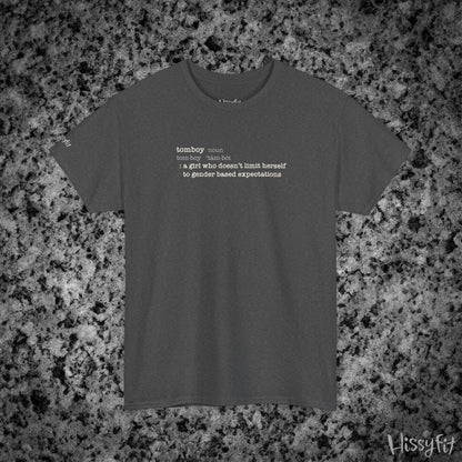 Gray t-shirt with text 'Tomboy:definition' on a gray and black speckled background, featuring the brand 'Hissyfit'.