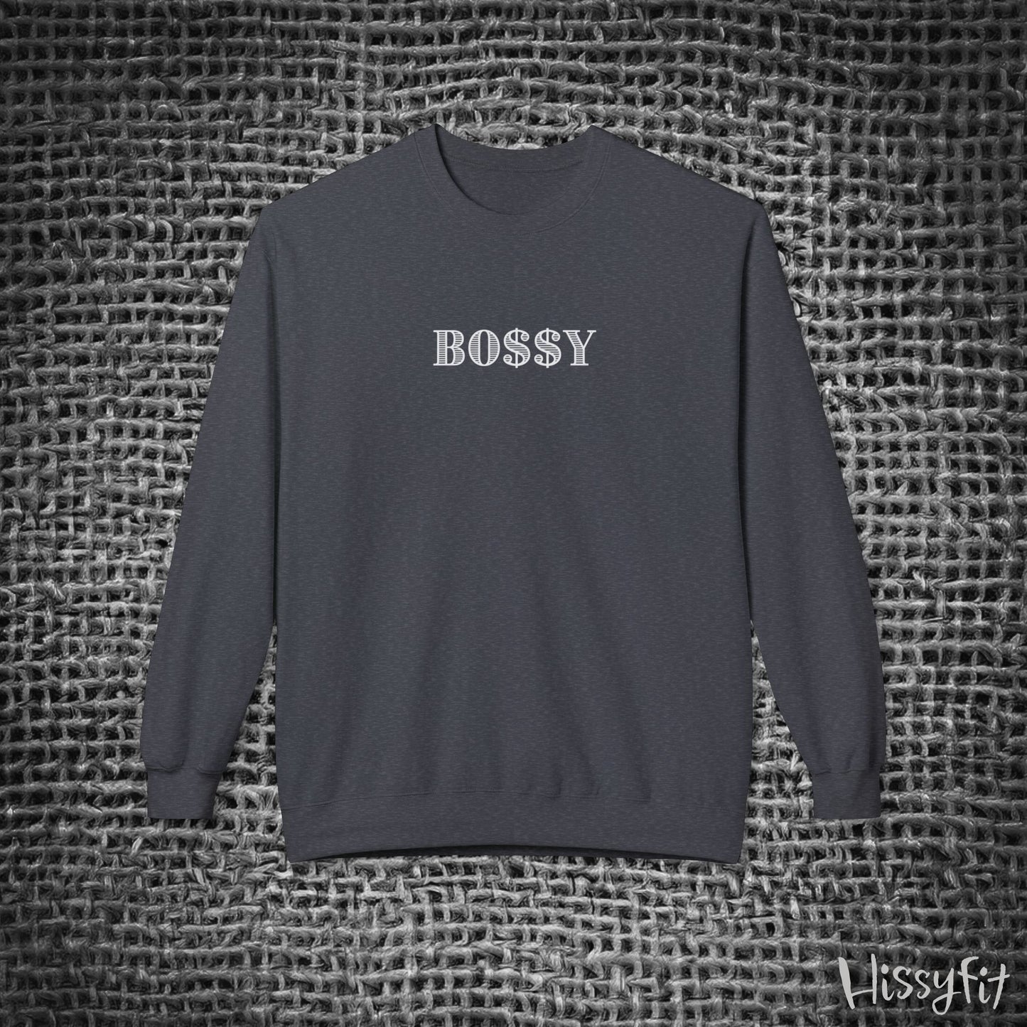 Gray long-sleeve shirt with 'BOSSY' text on a textured gray background