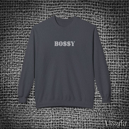 Gray long-sleeve shirt with 'BOSSY' text on a textured gray background