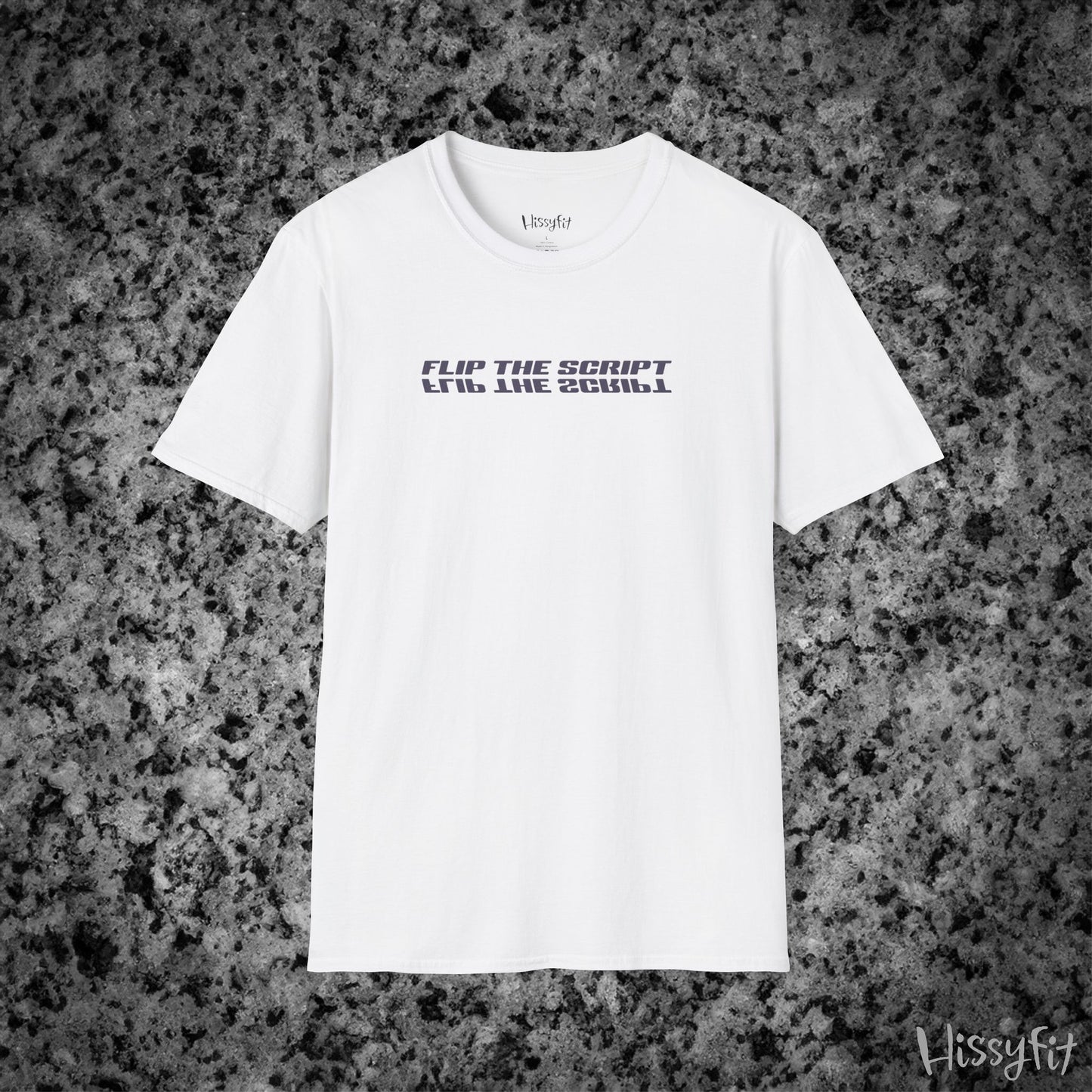 White t-shirt with text 'Flip the script' on a textured gray background