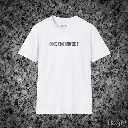 White t-shirt with text 'Flip the script' on a textured gray background