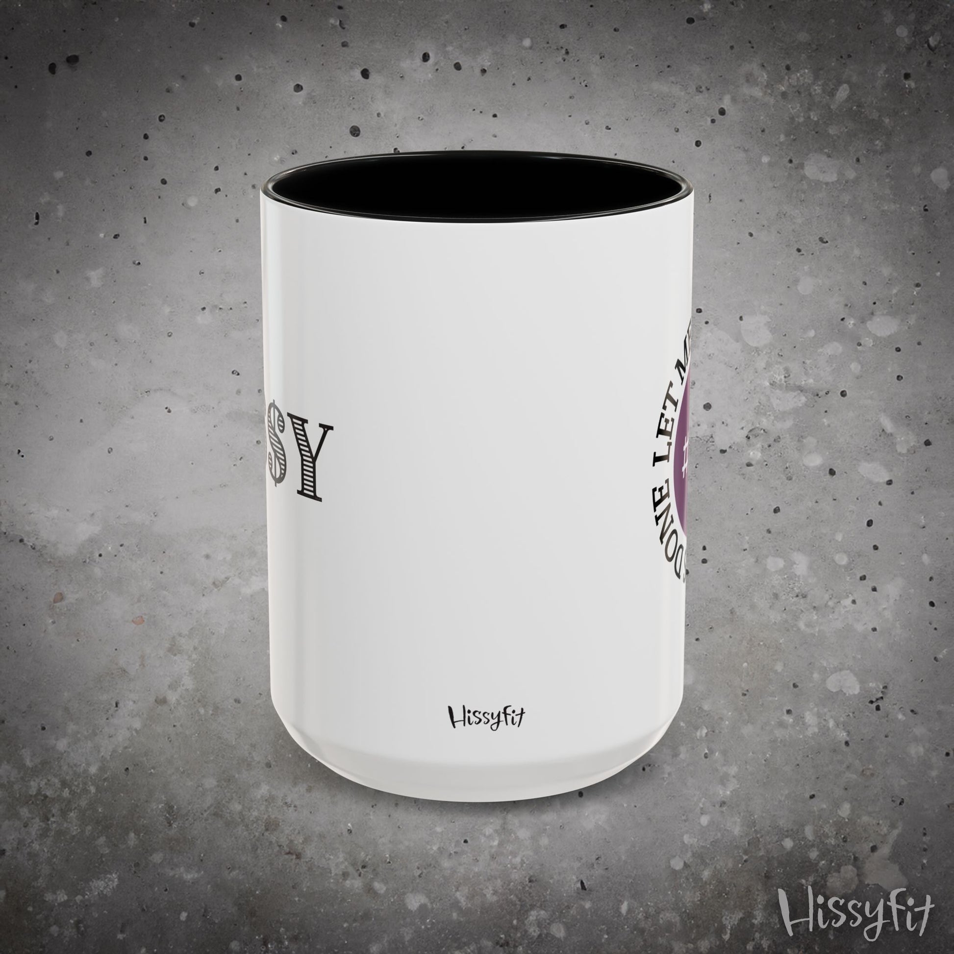 White mug with black interior featuring 'Hissyfit' brand on a gray background