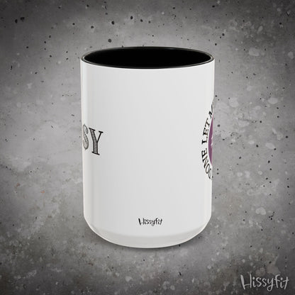 White mug with black interior featuring 'Hissyfit' brand on a gray background