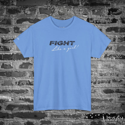 Blue t-shirt with 'Fight Like a Girl' text on a brick wall background