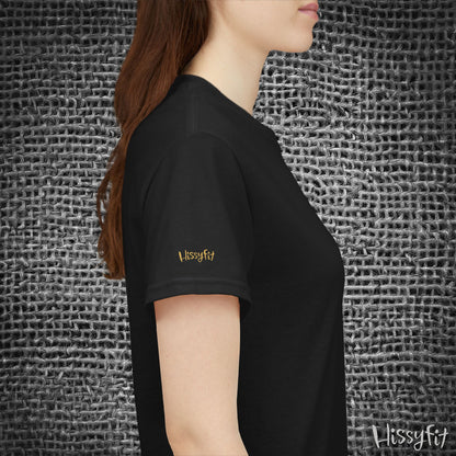Person wearing a black t-shirt with 'Hissyfit' logo against a textured gray background