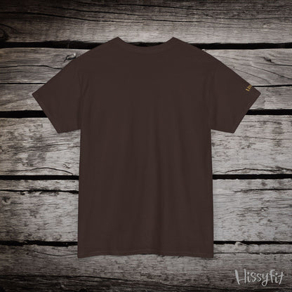 Brown t-shirt on a wooden surface with 'Hissyfit' branding.