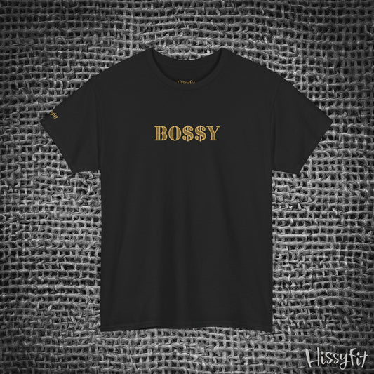Black t-shirt with 'BOSSY' in gold on a textured gray background