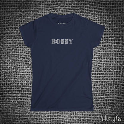 Navy blue t-shirt with 'BOSSY' text on a textured gray background