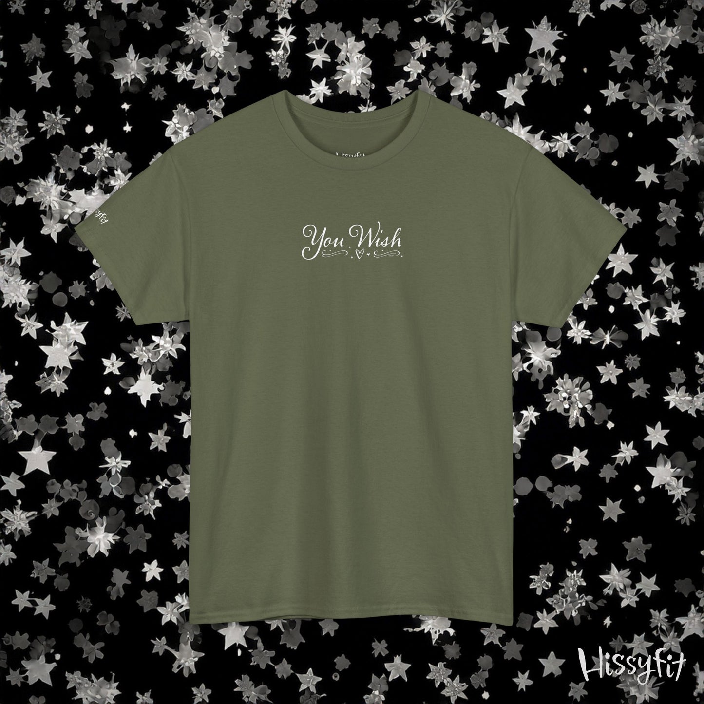 Green t-shirt with 'You Wish' text on a black background with star patterns