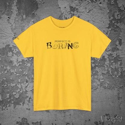 Yellow t-shirt with 'PERFECT IS BORING' text on a textured gray background