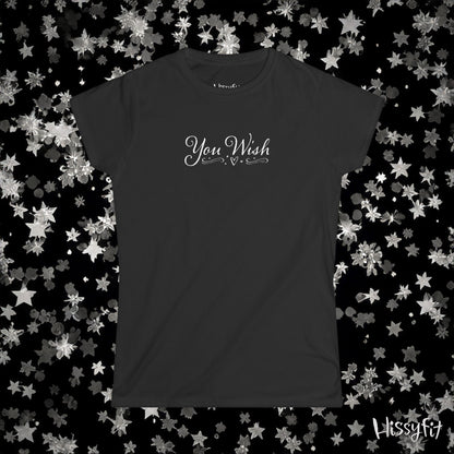 Black t-shirt with 'You Wish' text on a star-patterned background