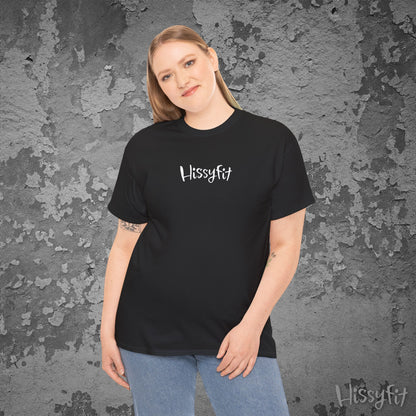 Person wearing a black 'Hissyfit' t-shirt against a textured gray background