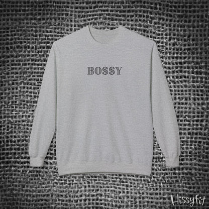 Gray sweatshirt with 'BOSSY' text on a textured black and white background