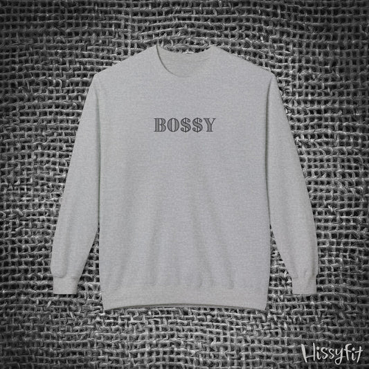 Gray sweatshirt with 'BOSSY' text on a textured black and white background