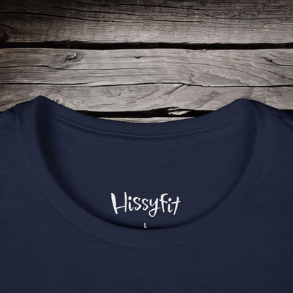 Navy blue shirt with 'Hissyfit' text on a wooden surface